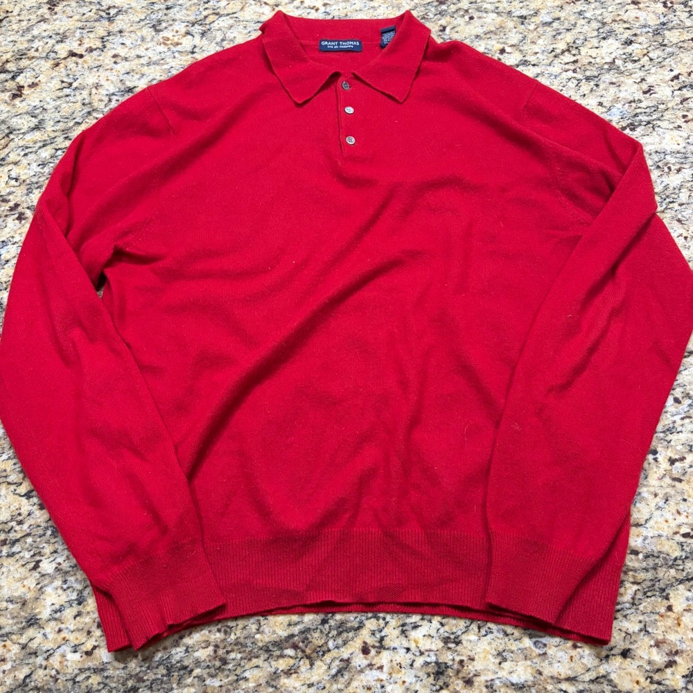 Grant Thomas Mens Red 100% Cashmere Two Ply Long Sleeve Polo Sweater Large